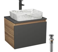Комплект Bauedge тумба Bau Dream Blackwood графит 60, 1 ящик, раковина прямоугольная BAU Hotel 48х37, мрамор, смеситель Hotel Stil черный, выпуск клик клак BD3116
