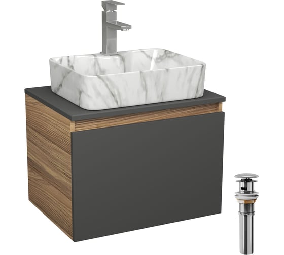 Комплект Bauedge тумба Bau Dream Blackwood графит 60, 1 ящик, раковина прямоугольная BAU Cerama 48х37, мрамор, смеситель Hotel Stil, нерж сталь, выпуск клик клак BD3087 1