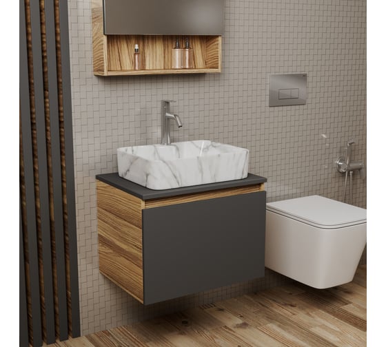 Комплект Bauedge тумба Bau Dream Blackwood графит 60, 1 ящик, раковина прямоугольная BAU Cerama 48х37, мрамор, смеситель Hotel Dream, нерж сталь BD3082 1