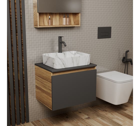 Комплект Bauedge тумба Bau Dream Blackwood графит 60, 1 ящик, раковина прямоугольная BAU Cerama 48х37, мрамор, смеситель Hotel Dream Black, черный матовый BD3083 1