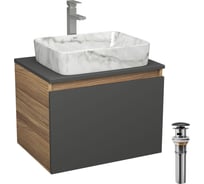 Комплект Bauedge тумба Bau Dream Blackwood графит 60, 1 ящик, раковина прямоугольная BAU Hotel 48х37, мрамор, смеситель Hotel Stil, нерж. сталь, выпуск клик клак BD3113