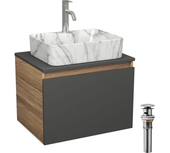 Комплект Bauedge тумба Bau Dream Blackwood графит 60, 1 ящик, раковина прямоугольная BAU Cerama 48х37, мрамор, смеситель Hotel Dream, нерж сталь, выпуск клик клак BD3090 1