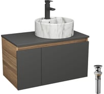 Комплект Bauedge тумба подвесная Bau Dream Blackwood графит 80, 1 ящик, дверца слева, раковина круглая накладная BAU Element D41, мрамор, смеситель Hotel Bla BD3075