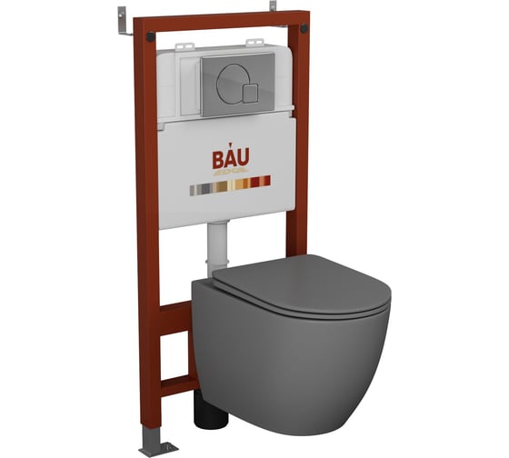 Комплект Bauedge BAU 6 в 1: инсталляция BAU PRO, унитаз подвесной безободковый Bau Dream 49,5х36, сиденье дюропласт микролифт, темно-серый матовый, клавиша Omega хром Q111300-BL0001-DG-01.02.10
