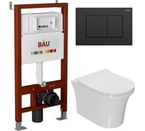 Комплект Bauedge BAU 6 в 1: инсталляция BAU PRO, унитаз подвесной безободковый Bau Spectrum PRO, сиденье быстросъемное микролифт, клавиша BAU Stil, черный матовый Q111300-NP0001-PRO-Q00003