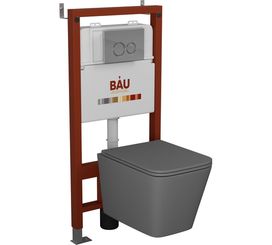 Комплект Bauedge BAU 6 в 1: инсталляция BAU PRO, унитаз подвесной безободковый Bau Stil Dark Matt Grey 51, сиденье дюропласт микролифт, темно-серый матовый, клавиша BASIC хром Q111300-BS0002-DG-01.02.19 1