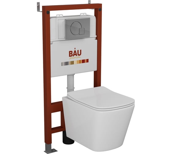 Комплект Bauedge BAU 6 в 1: инсталляция BAU PRO, унитаз подвесной безободковый Bau Stil, быстросъемное тонкое сиденье дюропласт микролифт, клавиша Omega хром Q111300-BS0001-01.02.10