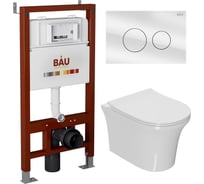 Комплект Bauedge BAU 6 в 1: инсталляция BAU PRO, унитаз подвесной безободковый Bau Spectrum PRO, сиденье быстросъемное микролифт, клавиша из стекла BAU Dream, белая Q111300-NP0001-PRO-Q00010