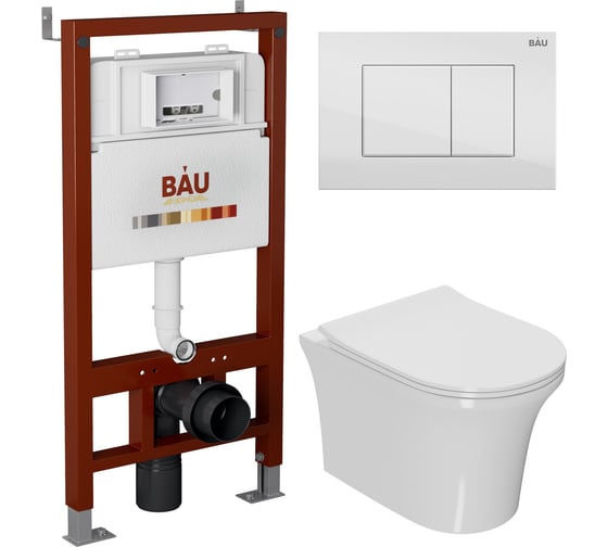 Комплект Bauedge BAU 6 в 1: инсталляция BAU PRO, унитаз подвесной безободковый Bau Spectrum PRO, сиденье быстросъемное микролифт, клавиша BAU Stil, белый глянец Q111300-NP0001-PRO-Q00001