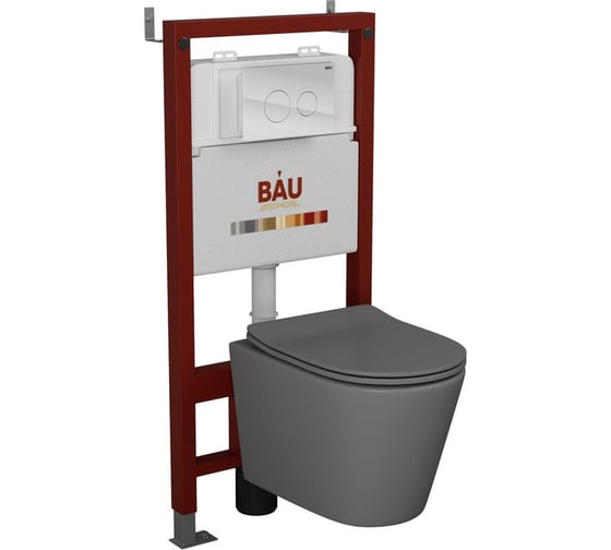 Комплект BAU 6 в 1 Bauedge: инсталляция BAU PRO, унитаз подвесной безободковый Bau Nimb 49х36 темно-серый матовый, сиденье дюропласт микролифт, клавиша из стекла BAU Dream белая Q111300-BK0001-DG-Q00010