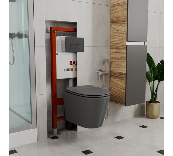 Комплект BAU 6 в 1 Bauedge: инсталляция BAU PRO, унитаз подвесной безободковый Bau Nimb 49х36 темно-серый матовый, сиденье дюропласт микролифт, клавиша BAU Hotel черная матовая Q111300-BK0001-DG-Q00008