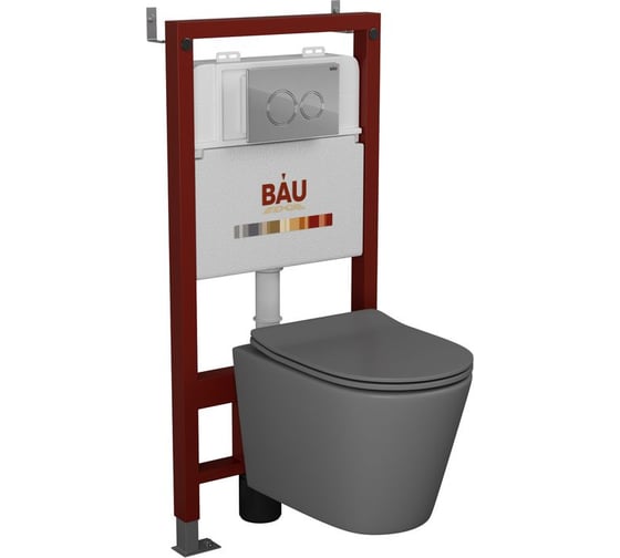 Комплект BAU 6 в 1 Bauedge: инсталляция BAU PRO, унитаз подвесной безободковый Bau Nimb 49х36 темно-серый матовый, сиденье дюропласт микролифт, клавиша BAU Dream хром Q111300-BK0001-DG-Q00004