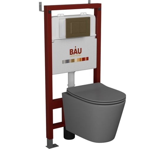 Комплект BAU 6 в 1 Bauedge: инсталляция BAU PRO, унитаз подвесной безободковый Bau Nimb 49х36 темно-серый матовый, сиденье дюропласт микролифт, клавиша BAU Stil бронза Q111300-BK0001-DG-Q00012 1