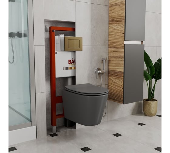 Комплект BAU 6 в 1 Bauedge: инсталляция BAU PRO, унитаз подвесной безободковый Bau Nimb 49х36 темно-серый матовый, сиденье дюропласт микролифт, клавиша BAU Stil бронза Q111300-BK0001-DG-Q00012