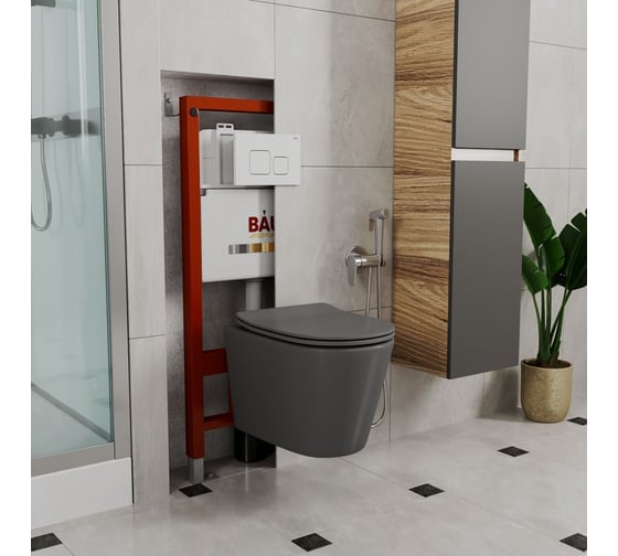 Комплект BAU 6 в 1 Bauedge: инсталляция BAU PRO, унитаз подвесной безободковый Bau Nimb 49х36 темно-серый матовый, сиденье дюропласт микролифт, клавиша BAU Soul белая Q111300-BK0001-DG-Q00014