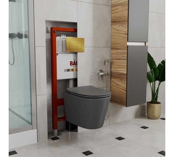 Комплект BAU 6 в 1 Bauedge: инсталляция BAU PRO, унитаз подвесной безободковый Bau Nimb 49х36 темно-серый матовый, сиденье дюропласт микролифт, клавиша BAU Stil золото Q111300-BK0001-DG-Q00013