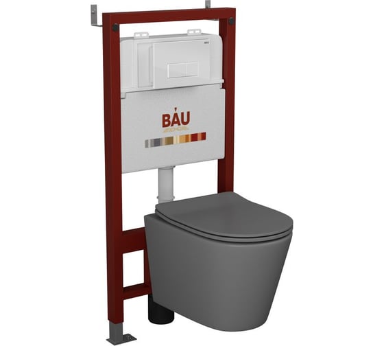 Комплект BAU 6 в 1 Bauedge: инсталляция BAU PRO, унитаз подвесной безободковый Bau Nimb 49х36 темно-серый матовый, сиденье дюропласт микролифт, клавиша BAU Hotel белый глянец Q111300-BK0001-DG-Q00006