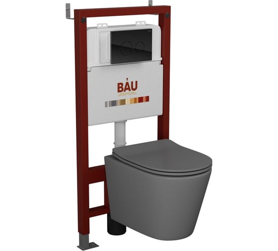 Комплект BAU 6 в 1 Bauedge: инсталляция BAU PRO, унитаз подвесной безободковый Bau Nimb 49х36 темно-серый матовый, сиденье дюропласт микролифт, клавиша из стекла BAU Dream черная Q111300-BK0001-DG-Q00011