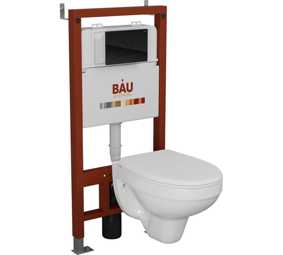 Комплект BAU 6 в 1 Bauedge: инсталляция BAU PRO, унитаз подвесной Rio Luxe 52х35 сиденье микролифт, клавиша из стекла BAU Dream черная Q111300-30745-Q00011