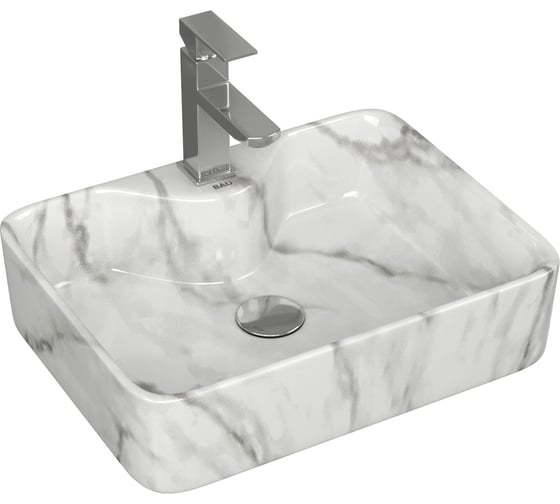 Раковина накладная со смесителем и выпуском прямоугольная Bauedge BAU Cerama 48x37, мрамор + смеситель Hotel Still, выпуск клик-клак хром YBD2559