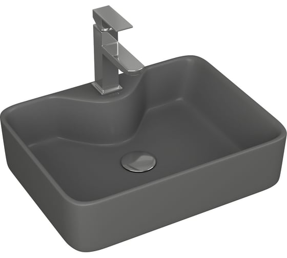 Раковина накладная со смесителем и выпуском прямоугольная Bauedge BAU Cerama 48x37, темно-серая матовая + смеситель Hotel Still, выпуск клик-клак хром YBD2544