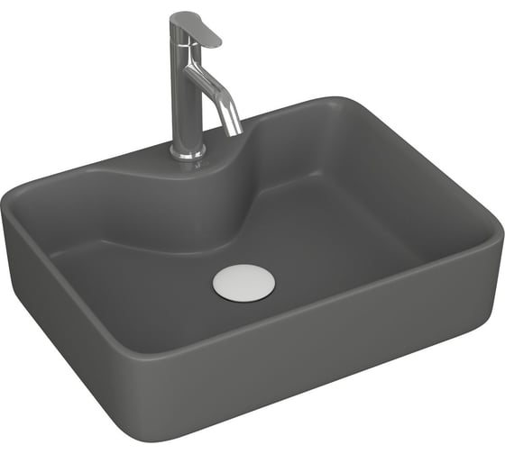 Раковина накладная со смесителем и выпуском прямоугольная Bauedge BAU Cerama 48x37, темно-серая матовая + смеситель Dream, выпуск клик-клак белый YBD2549 1
