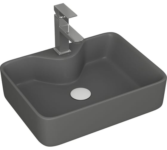 Раковина накладная со смесителем и выпуском прямоугольная Bauedge BAU Cerama 48x37, темно-серая матовая + смеситель Hotel Still, выпуск клик-клак белый YBD2545 1