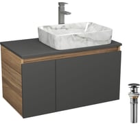 Комплект Bauedge: тумба подвесная под раковину Bau Dream Blackwood графит 80, 1 ящик, дверца слева, раковина прямоугольная BAU Hotel 48х37, мрамор, смеситель Hotel Stil, выпуск клик клак черный BD3123