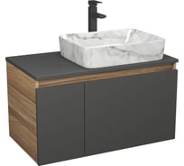 Комплект Bauedge: тумба подвесная под раковину Bau Dream Blackwood графит 80, 1 ящик, дверца слева, раковина прямоугольная BAU Hotel 48х37, мрамор, смеситель Hotel Stil черный матовый BD3119