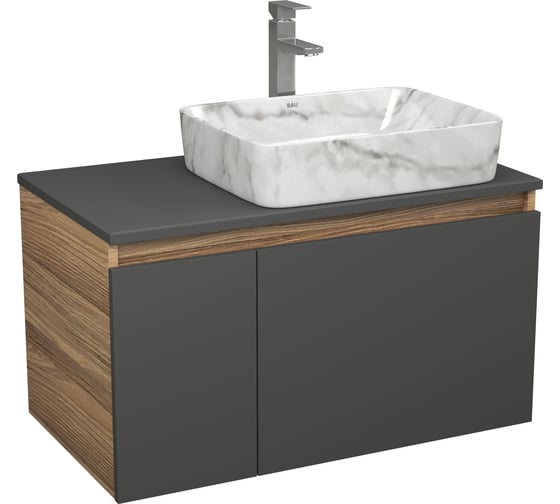 Комплект Bauedge: тумба подвесная под раковину Bau Dream Blackwood графит 80, 1 ящик, дверца слева, раковина прямоугольная BAU Hotel 48х37, мрамор, смеситель Hotel Stil нерж. сталь BD3118 1