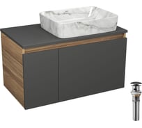 Комплект Bauedge: тумба подвесная под раковину Bau Dream Blackwood графит 80, 1 ящик, дверца слева, раковина прямоугольная BAU Hotel 48х37, мрамор, выпуск клик клак черный BD3121