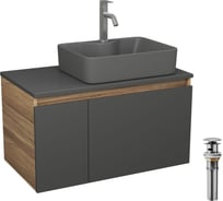 Комплект Bauedge: тумба Bau Dream Blackwood графит 80, раковина BAU Cerama 48х37 темно-серая, смеситель Hotel Dream нерж сталь, выпуск клик клак хром BD2902