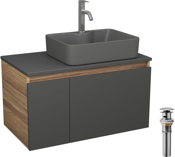 Комплект Bauedge: тумба Bau Dream Blackwood графит 80, раковина BAU Cerama 48х37 темно-серая, смеситель Hotel Dream нерж сталь, выпуск клик клак хром BD2902