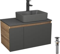 Комплект Bauedge: тумба Bau Dream Blackwood графит 80, раковина BAU Cerama 48х37, темно-серая, смеситель Hotel Black черный матовый, выпуск клик клак черный BD2901