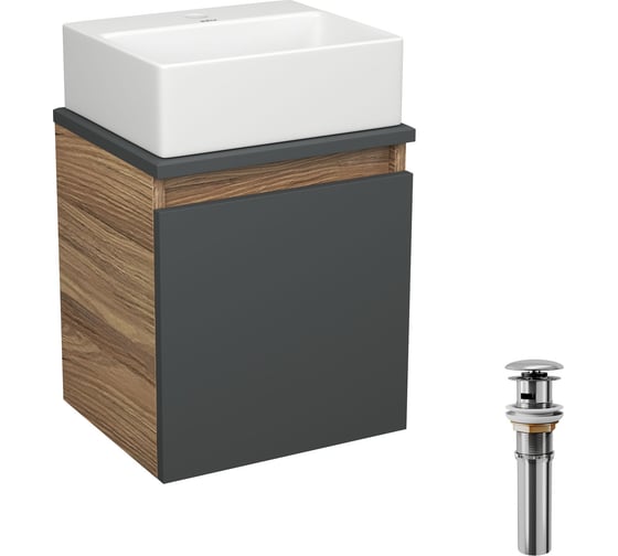 Тумба Bauedge Bau Dream Blackwood 35 с ящиком, графит, раковина BAU Cerama Mini 33x28, белая, выпуск клик клак хром SD4414 1