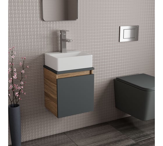 Тумба Bauedge Bau Dream Blackwood 35 с ящиком, графит, раковина BAU Cerama Mini 33x28, белая, смеситель Hotel Still нерж. сталь SD4410