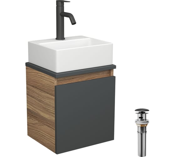 Тумба Bauedge Bau Dream Blackwood 35 с ящиком, графит, раковина BAU Cerama Mini 33x28, белая, смеситель Hotel Dream Black черный, выпуск клик клак черный SD4422 1