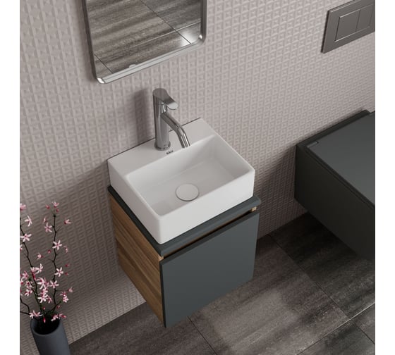 Тумба Bauedge Bau Dream Blackwood 35 с ящиком, графит, раковина BAU Cerama Mini  33x28, белая, смеситель Hotel Dream нерж. сталь, выпуск клик клак белый SD4421