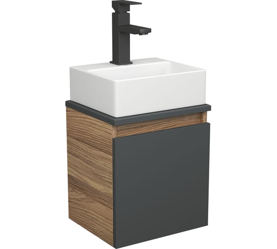 Тумба Bauedge Bau Dream Blackwood 35 с ящиком, графит, раковина BAU Cerama Mini 33x28, белая, смеситель Hotel Black черный SD4411 1