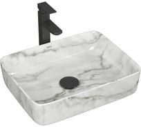 Раковина накладная со смесителем и выпуском Bauedge BAU Hotel прямоугольная, размер 48x37, мрамор + смеситель Hotel Black черный, выпуск клик-клак черный YBD2613