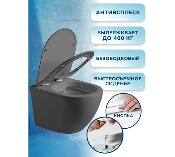 Унитаз подвесной безободковый Bauedge Bau Dream Dark Matt Grey, сиденье дюропласт микролифт, темно-серый матовый BL0001-DG