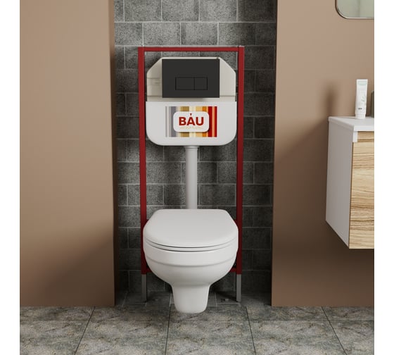 Комплект Bauedge BAU 6 в 1: рамная инсталляция BAU NEO 45 для подвесного унитаза, унитаз подвесной Rio Luxe 52х35, сиденье микролифтфт, кнопка смыва BAU Hotel, NEO45700-30745-Q00008