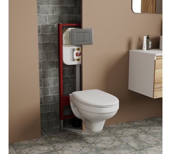 Комплект Bauedge BAU 6 в 1: рамная инсталляция BAU NEO 45, унитаз подвесной Rio Luxe 52х35, сиденье микролифт, кнопка смыва BAU Stil Gun Grey, антивандальная NEO45700-30745-Q00017