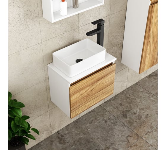 Комплект для ванной Bauedge 4 предмета (Тумба Bau Dream Blackwood 50, раковина BAU Mini 38х24, смеситель для раковины высокий Hotel Black, черный, выпуск клик клак BD1540