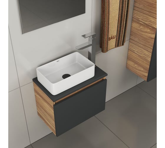Комплект для ванной Bauedge 4 предмета (тумба Bau 50, графит + раковина BAU Hotel mini 38x24 + смеситель Hotel Still, выпуск клик-клак, черный) BD1952
