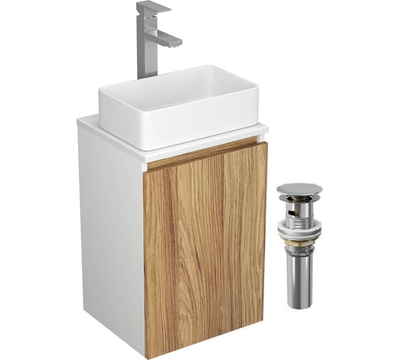 Комплект для ванной Bauedge 4 предмета (Тумба Bau Dream Blackwood 40, раковина BAU Mini 38x24, смеситель для раковины высокий Hotel Still, нержавеющая сталь, BD1526 1