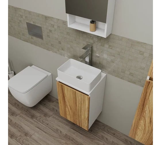 Комплект для ванной Bauedge 4 предмета (Тумба Bau Dream Blackwood 40, раковина BAU Mini 38x24, смеситель для раковины высокий Hotel Still, нержавеющая сталь, BD1526