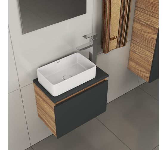 Комплект для ванной Bauedge 4 предмета (тумба Bau 50, графит + раковина BAU Hotel mini 38x24 + смеситель Hotel Still, выпуск клик-клак, белый) BD1954