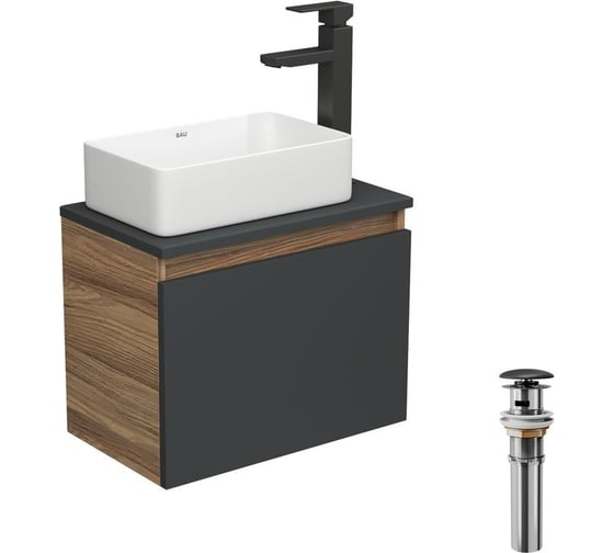 Комплект для ванной Bauedge 4 предмета (тумба Bau 50, графит + раковина BAU Hotel mini 38x24 + смеситель Hotel Black, выпуск клик-клак, черный) BD1955 1