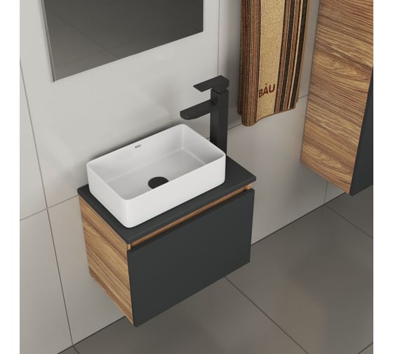 Комплект для ванной Bauedge 4 предмета (тумба Bau 50, графит + раковина BAU Hotel mini 38x24 + смеситель Hotel Black, выпуск клик-клак, черный) BD1955